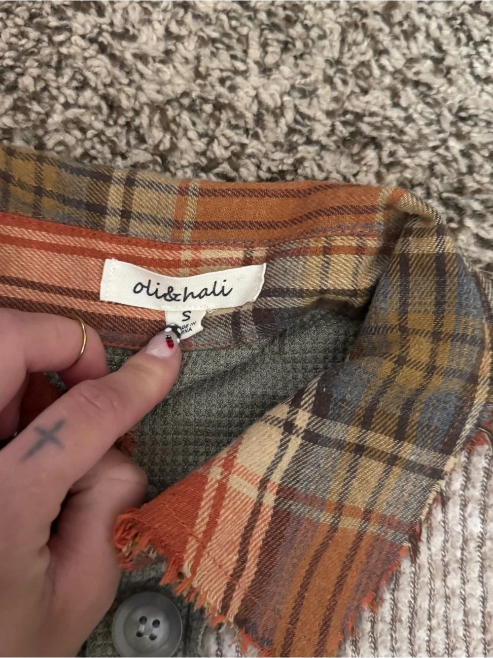 Oli & Hali Orange Plaid & Olive Knit Button-Down Shirt - Picture 2 of 4